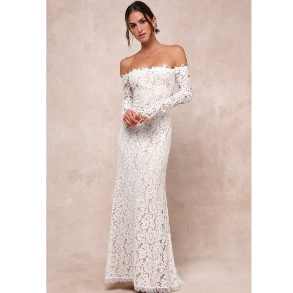 Lulus Romance White Lace Off-the-Shoulder Maxi Dress Long Sleeve NWT Large